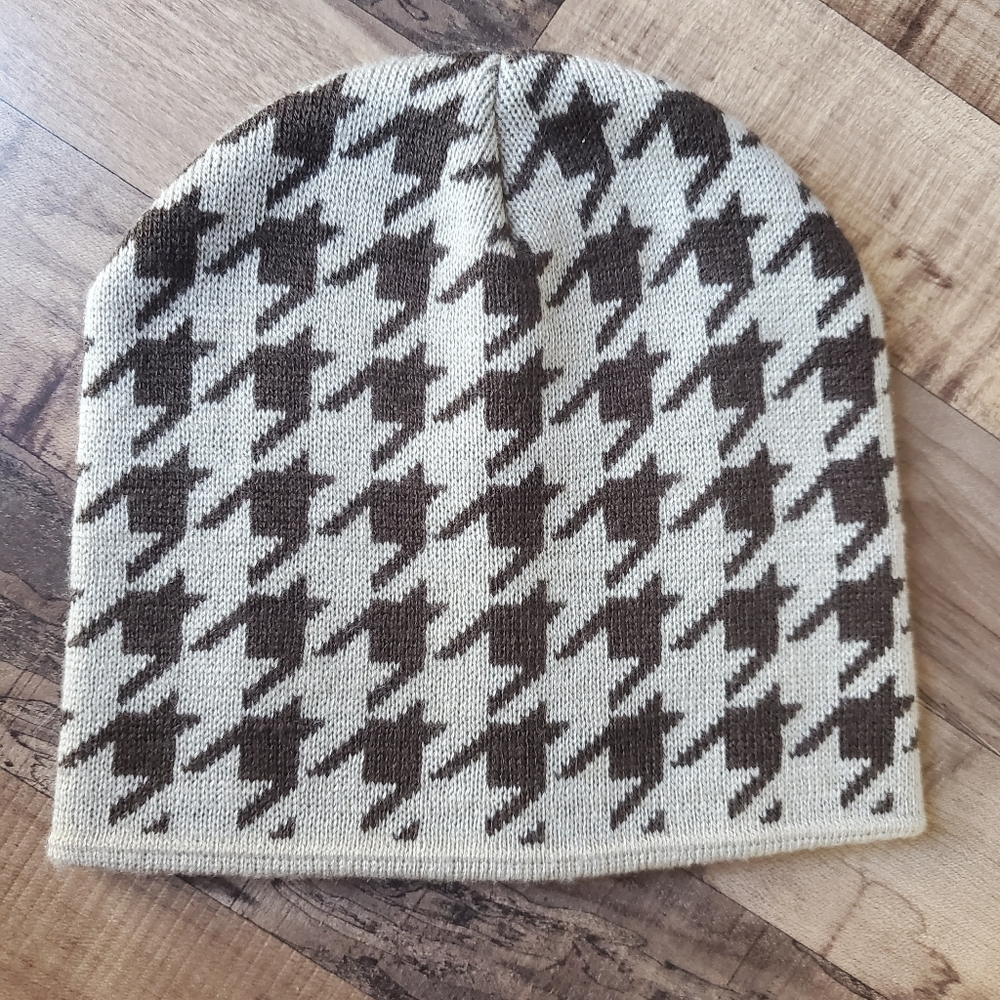 Hybrid Tees brown beige tan houndstooth beanie hat fall winter acrylic infant OS
